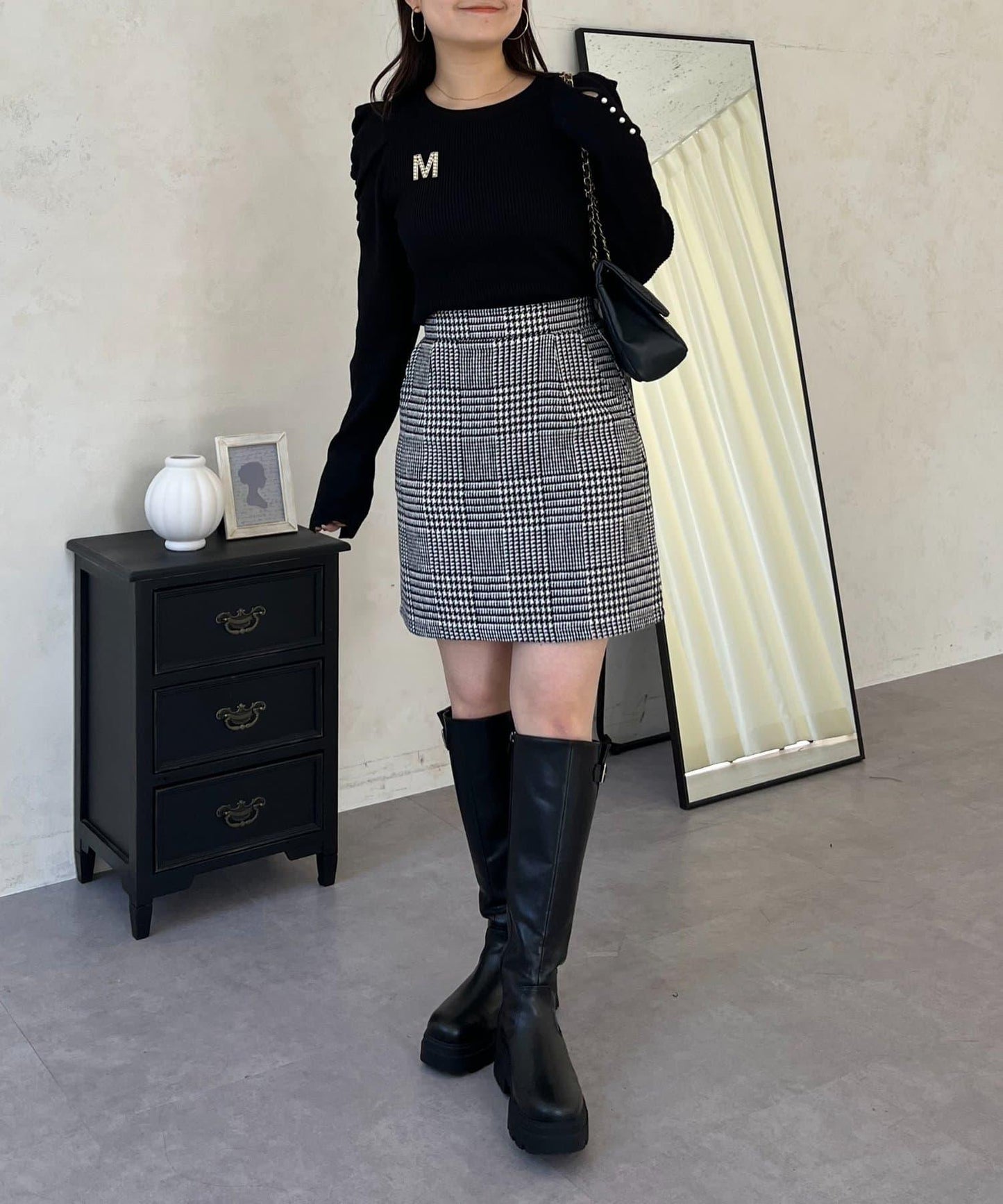 袖珍珠泡泡袖羅紋針織衫