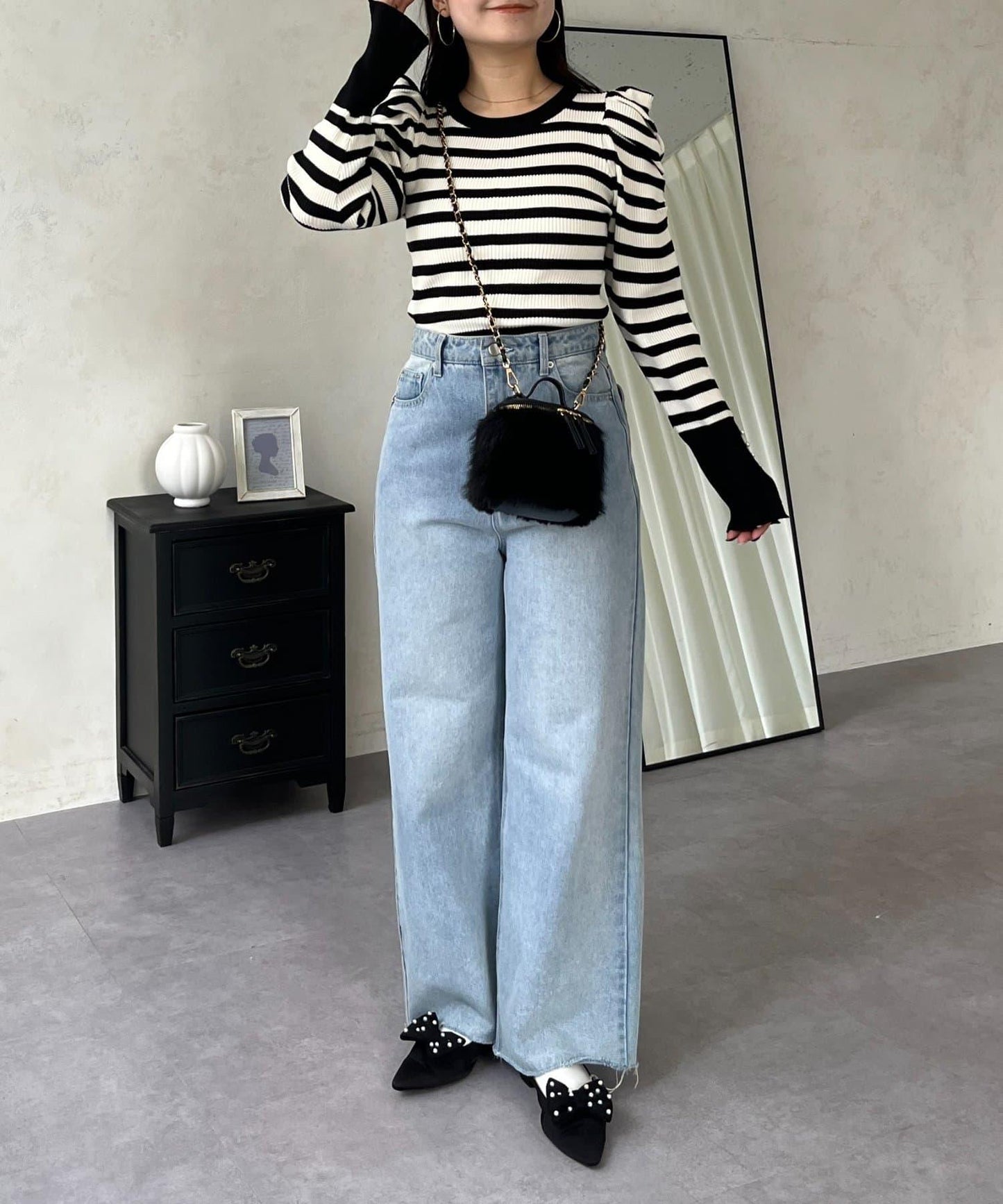 袖珍珠泡泡袖羅紋針織衫