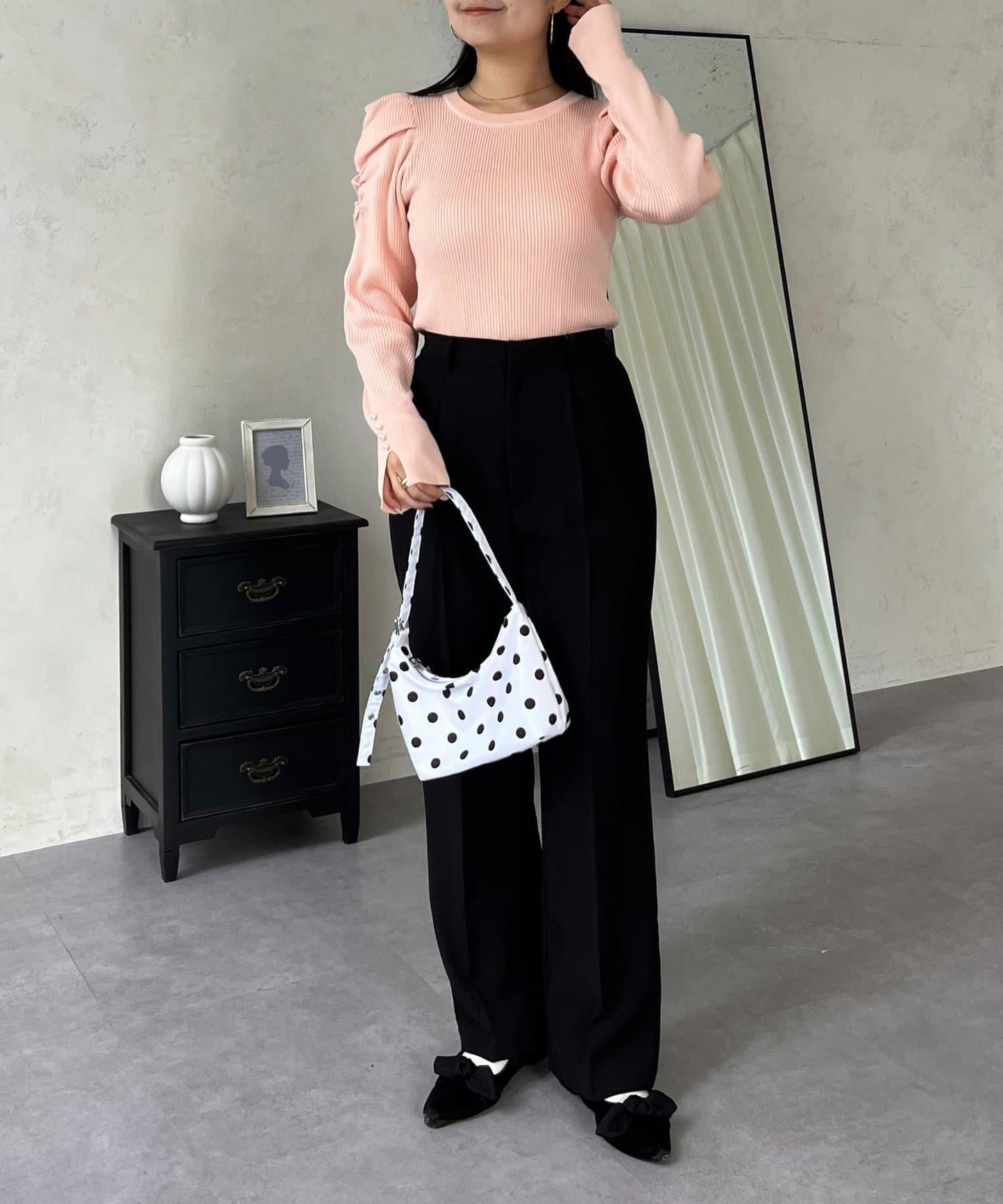 袖珍珠泡泡袖羅紋針織衫