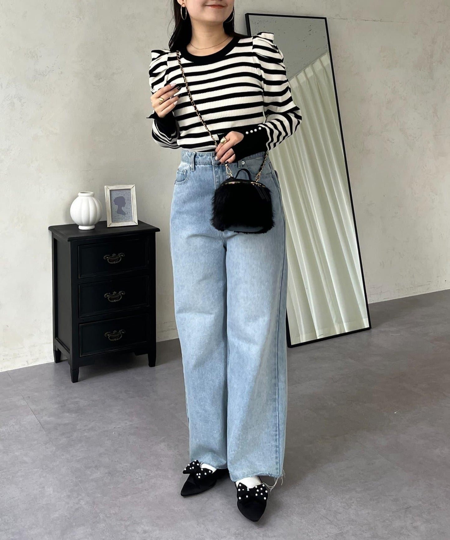 袖珍珠泡泡袖羅紋針織衫