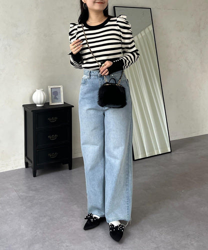 袖珍珠泡泡袖羅紋針織衫