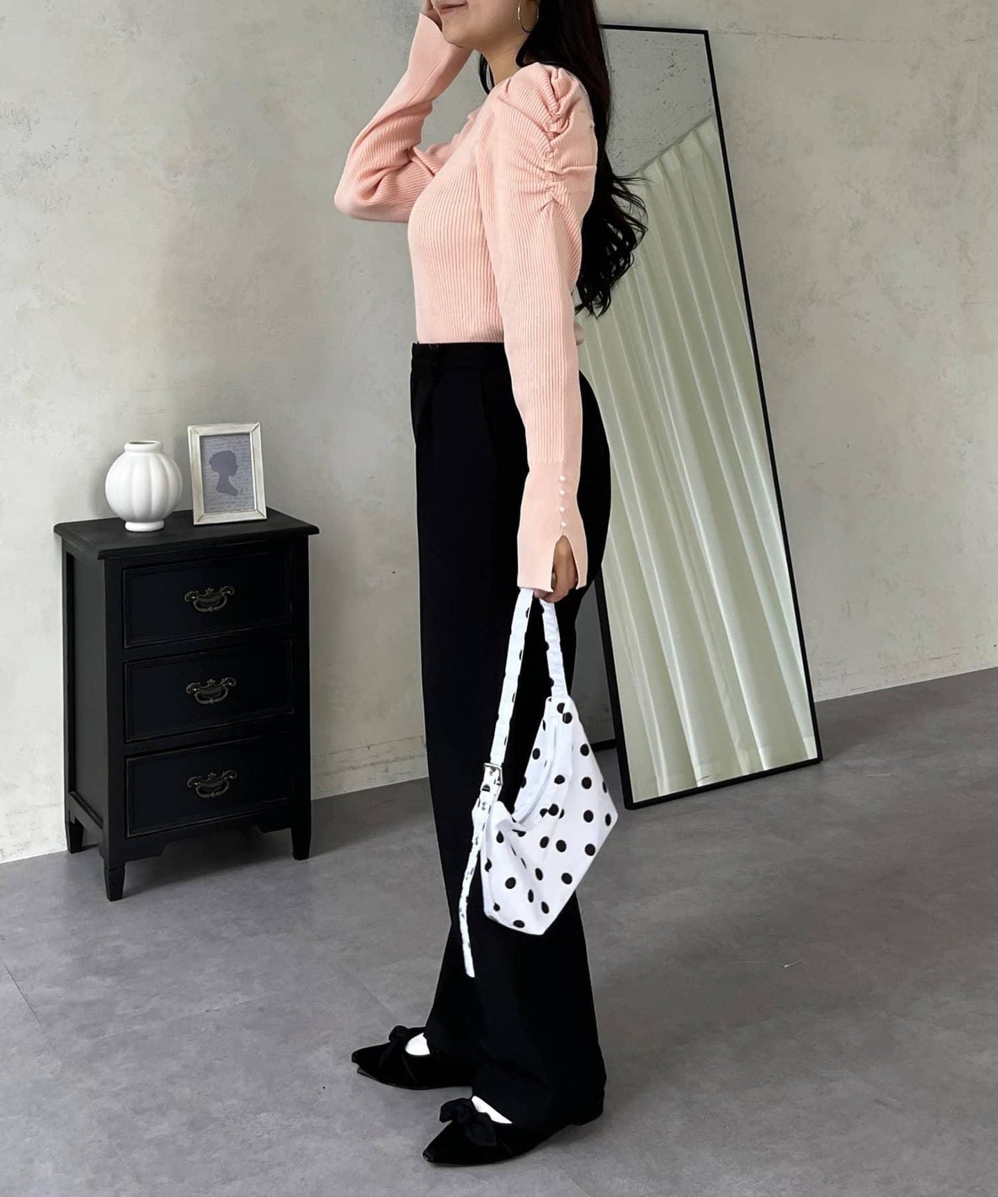 袖珍珠泡泡袖羅紋針織衫