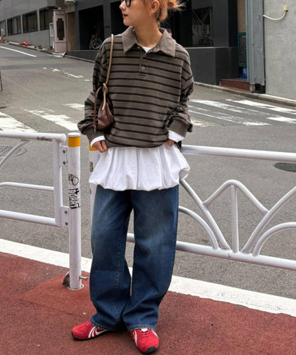 水洗工藝條紋翻領上衣