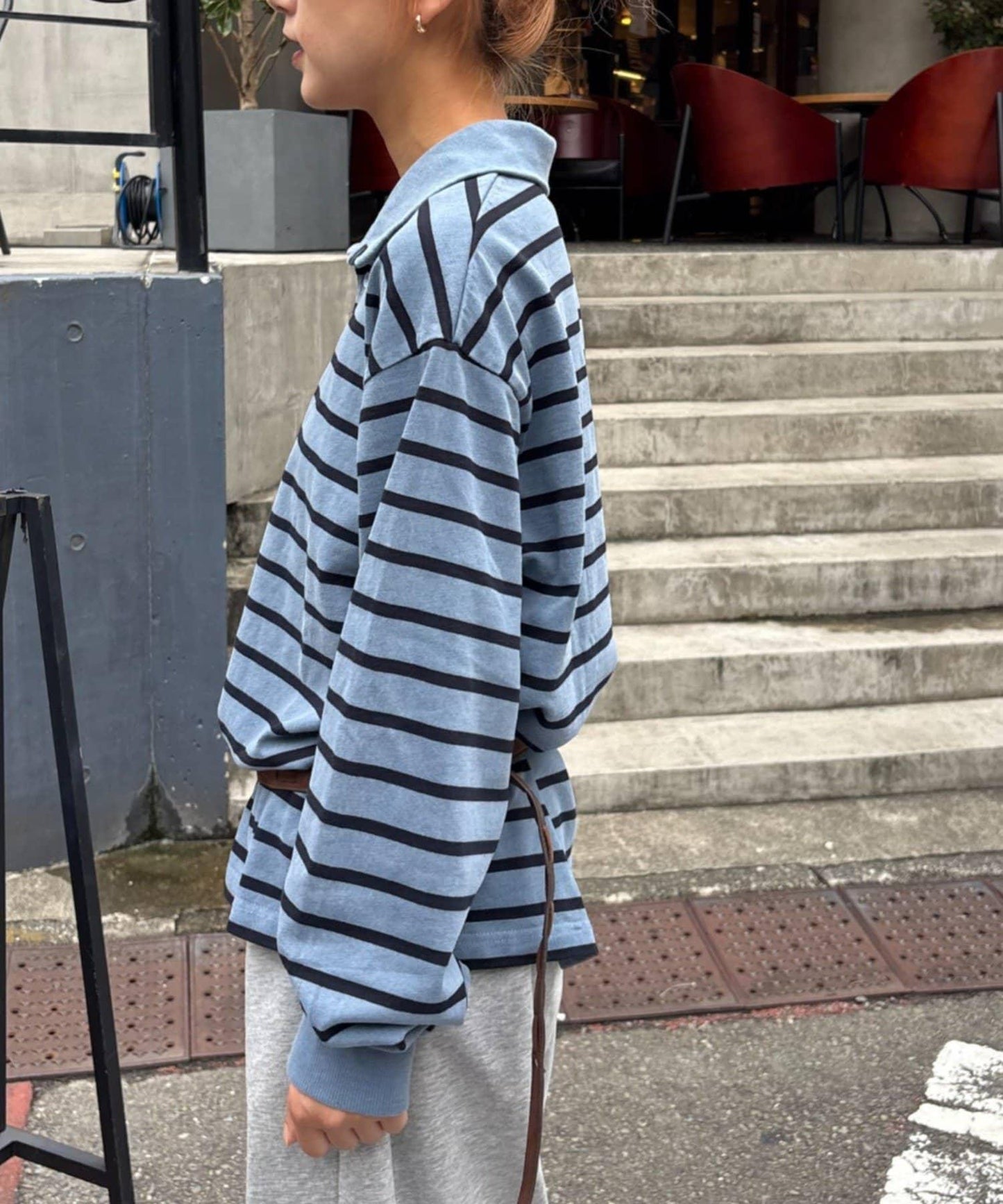 水洗工藝條紋翻領上衣