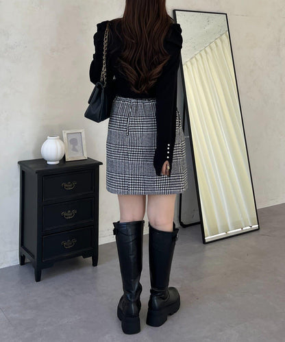 袖珍珠泡泡袖羅紋針織衫