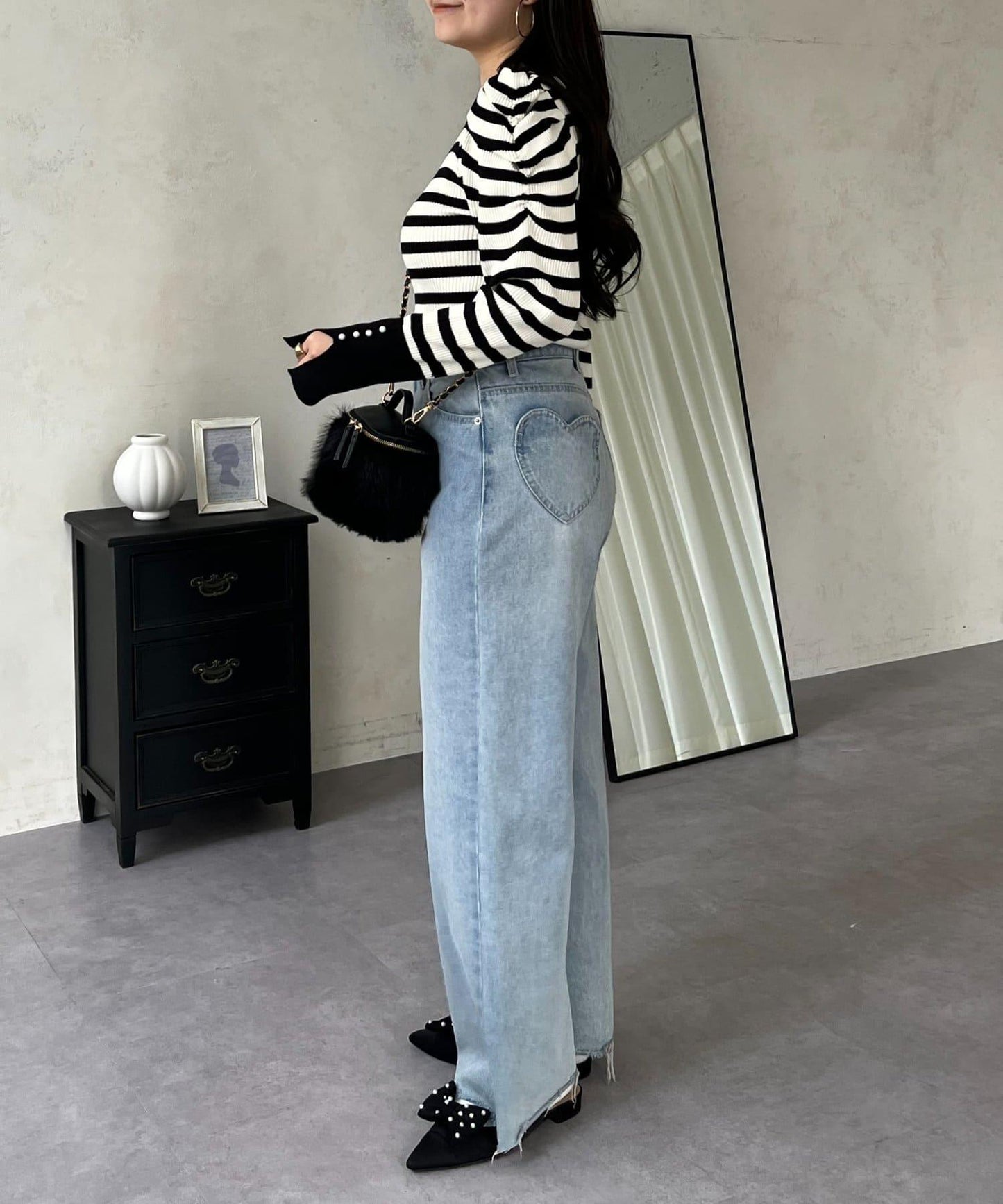 袖珍珠泡泡袖羅紋針織衫