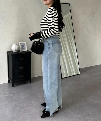 袖珍珠泡泡袖羅紋針織衫