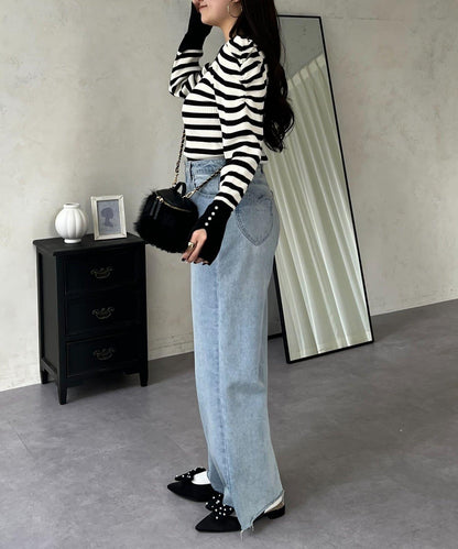 袖珍珠泡泡袖羅紋針織衫