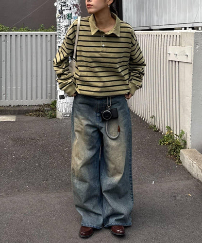 水洗工藝條紋翻領上衣