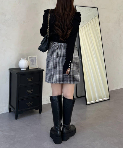 袖珍珠泡泡袖羅紋針織衫