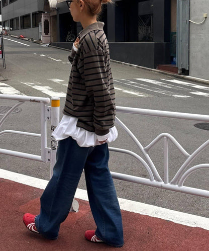 水洗工藝條紋翻領上衣