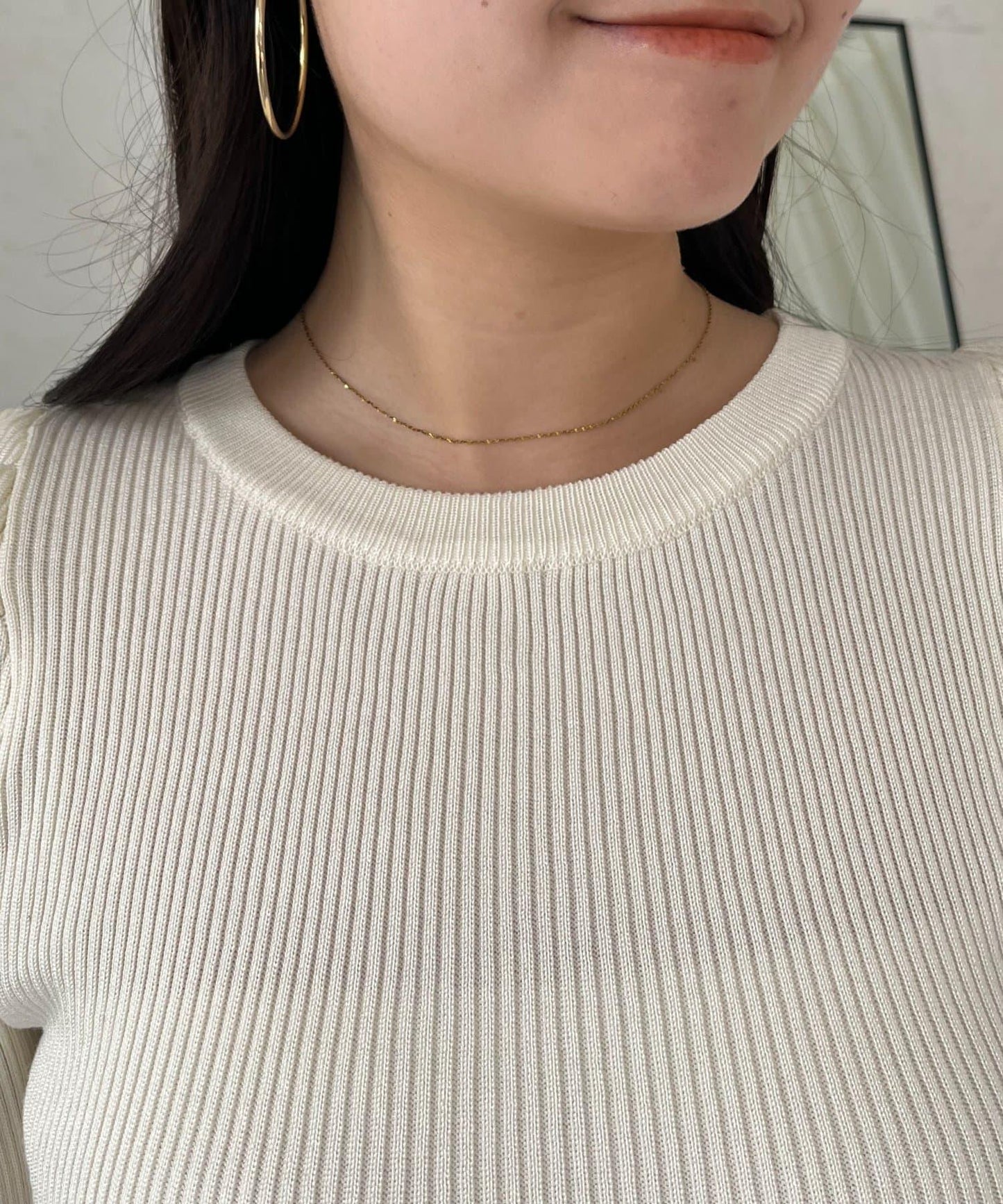 袖珍珠泡泡袖羅紋針織衫