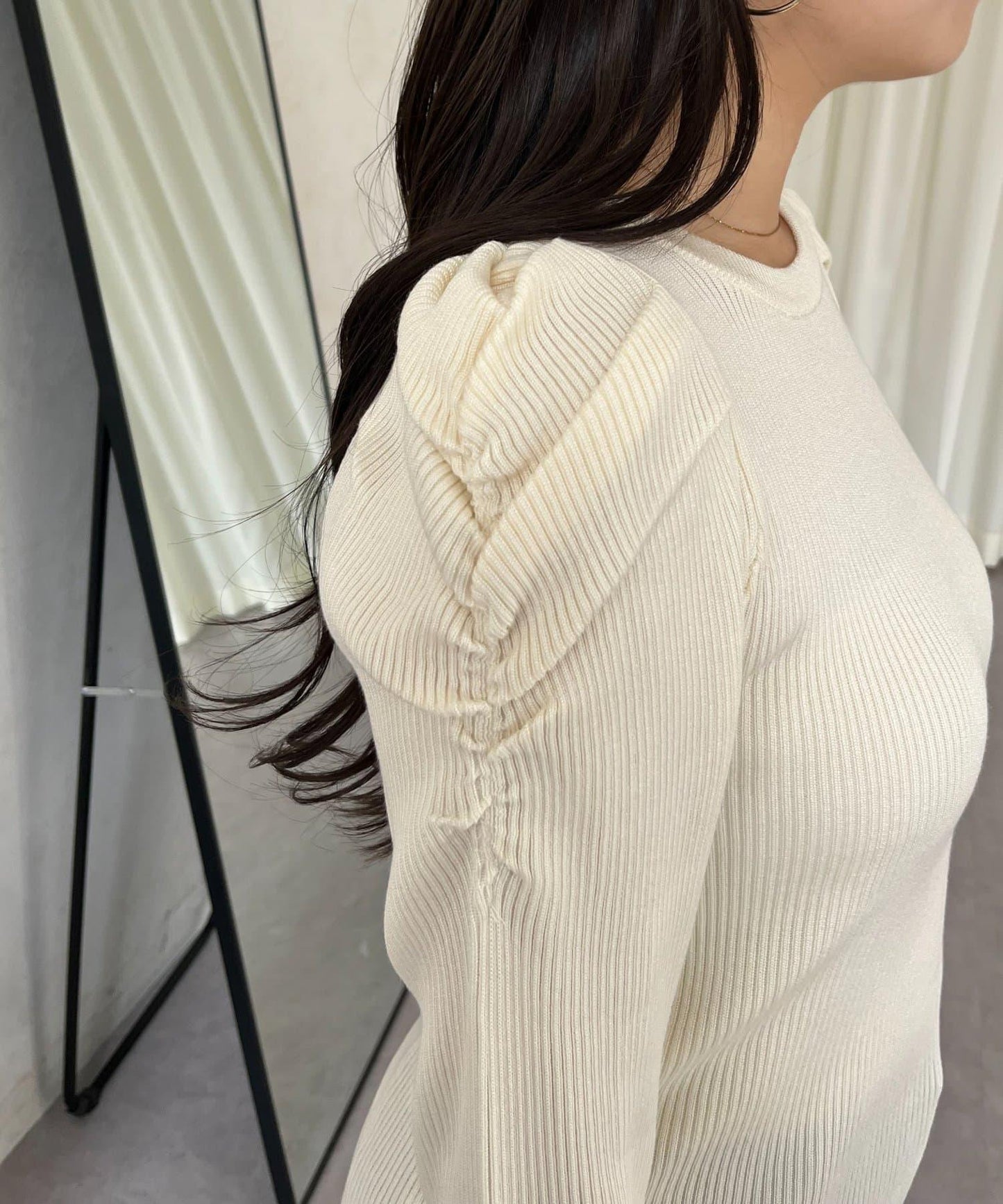 袖珍珠泡泡袖羅紋針織衫