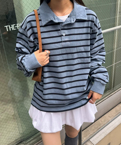 水洗工藝條紋翻領上衣