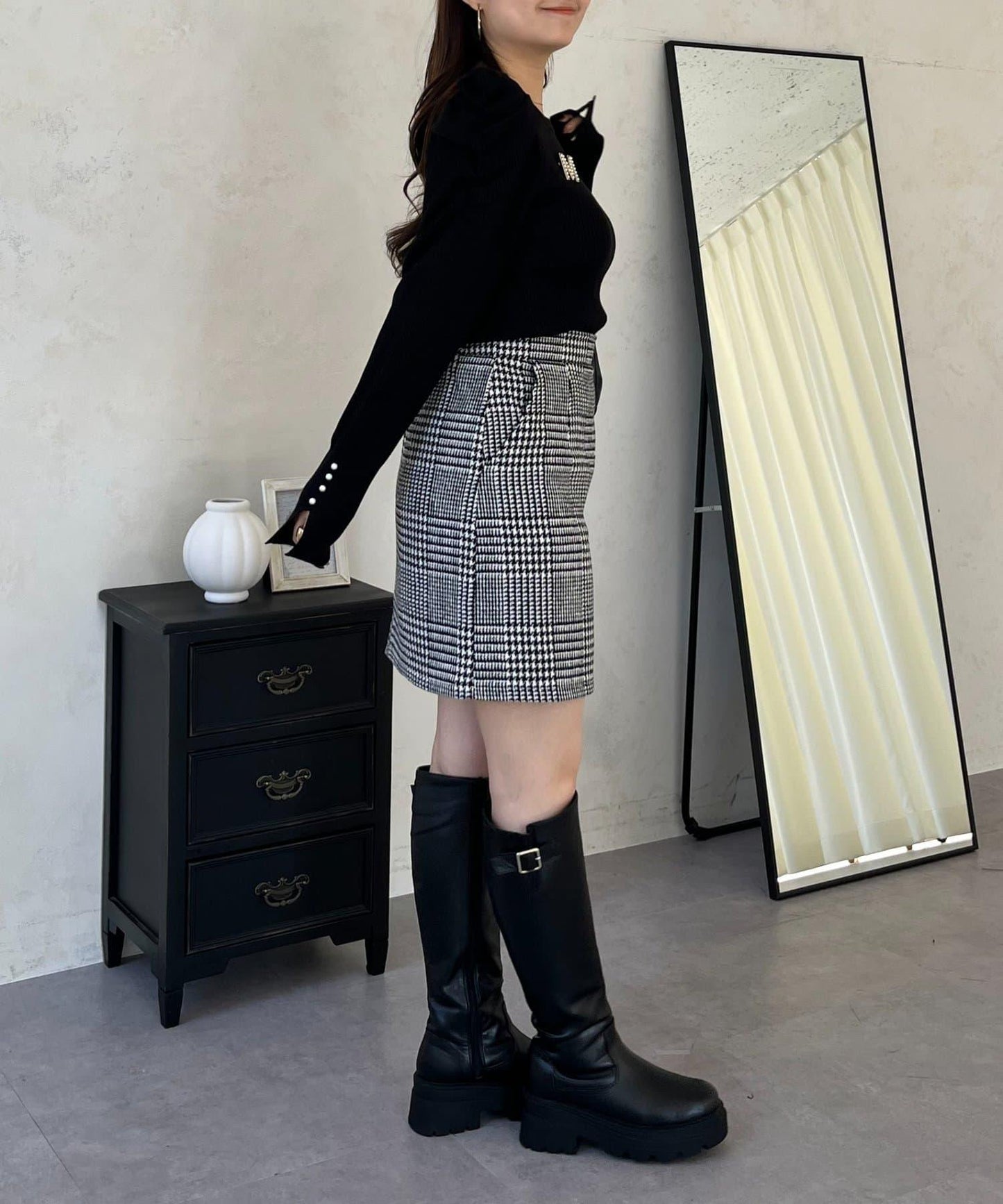 袖珍珠泡泡袖羅紋針織衫