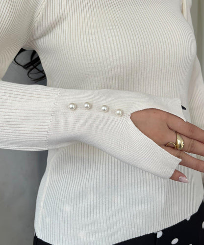 袖珍珠泡泡袖羅紋針織衫