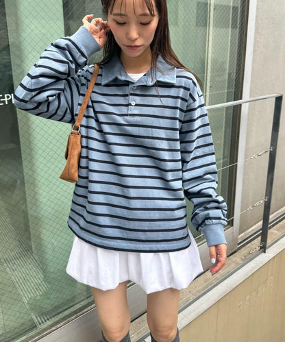 水洗工藝條紋翻領上衣