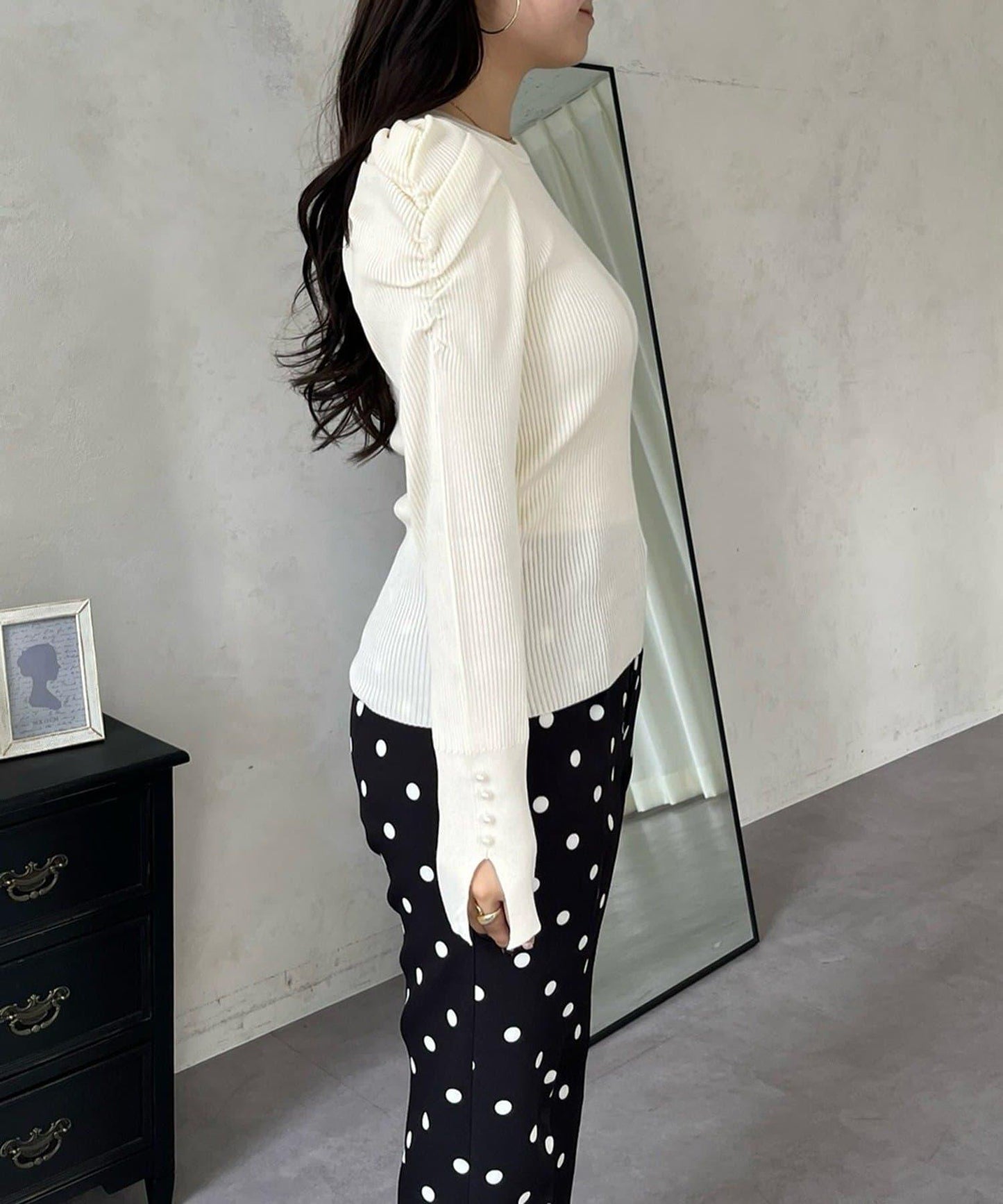 袖珍珠泡泡袖羅紋針織衫