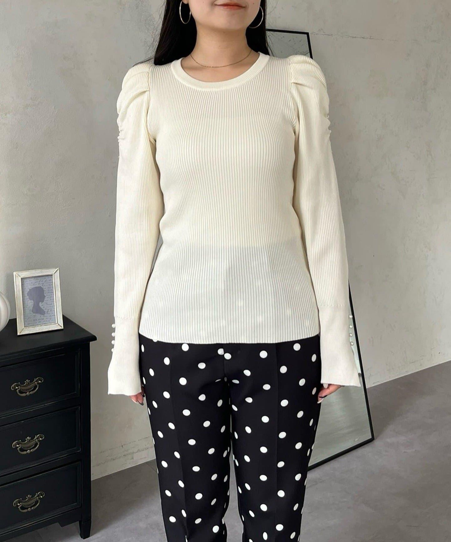 袖珍珠泡泡袖羅紋針織衫