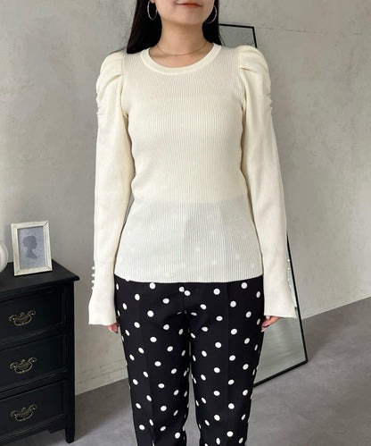 袖珍珠泡泡袖羅紋針織衫