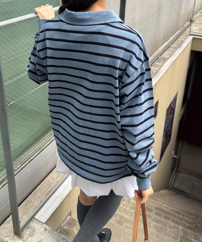 水洗工藝條紋翻領上衣