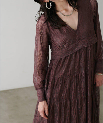【LARUTA】蕾絲拼接長款連衣裙