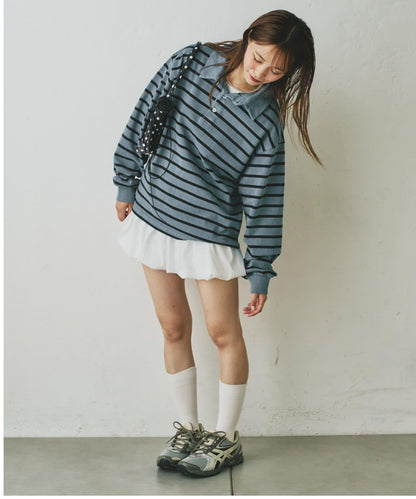 水洗工藝條紋翻領上衣