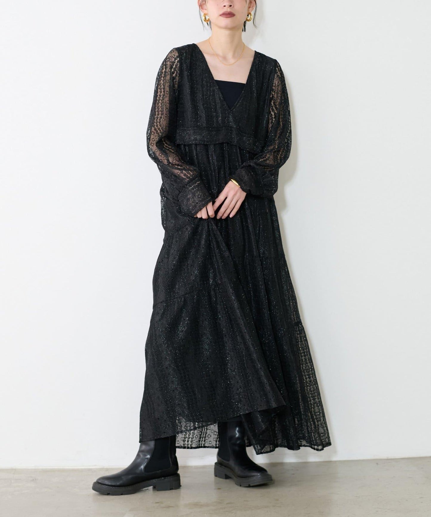 【LARUTA】蕾絲拼接長款連衣裙