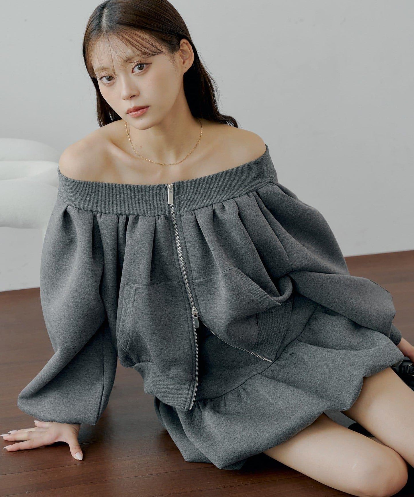 【Chico】2WAY一字肩雙拉鍊衛衣