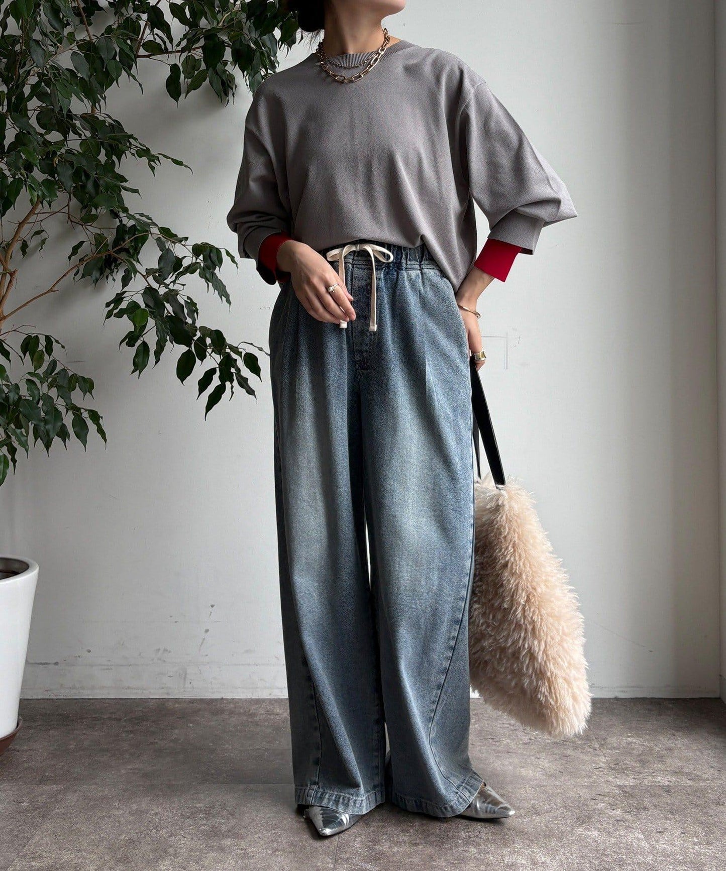 袖拼色針織上衣