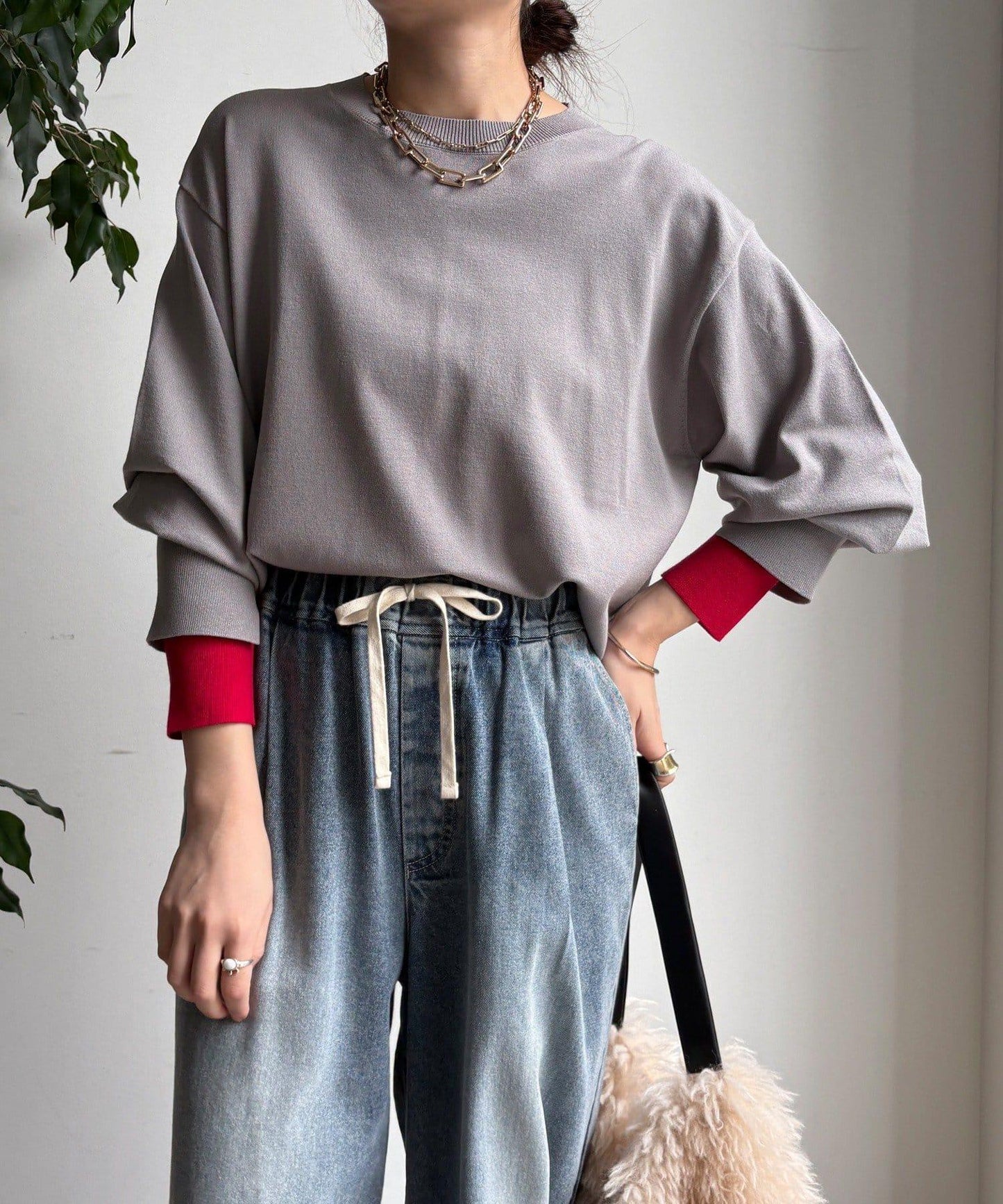 袖拼色針織上衣