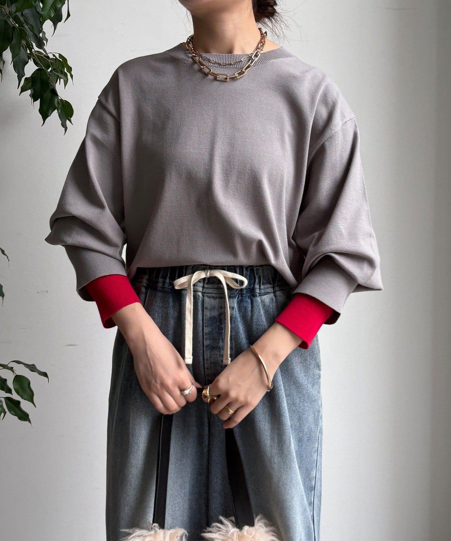 袖拼色針織上衣