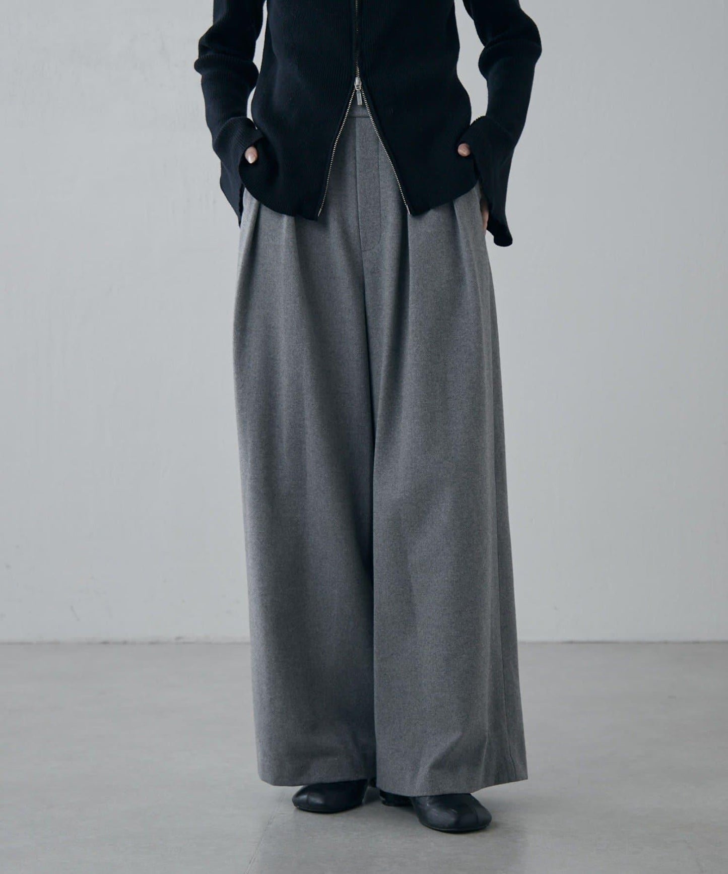 軟法蘭絨2WAY褶皺寬腿褲