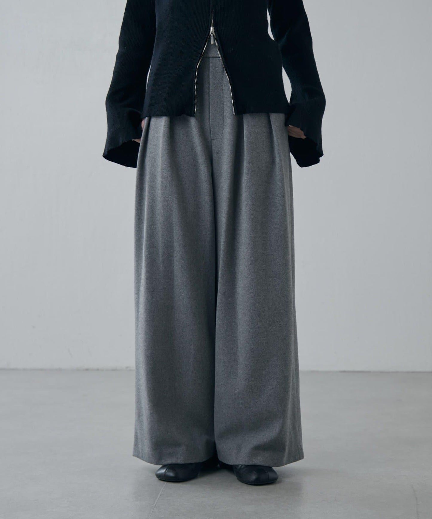 軟法蘭絨2WAY褶皺寬腿褲