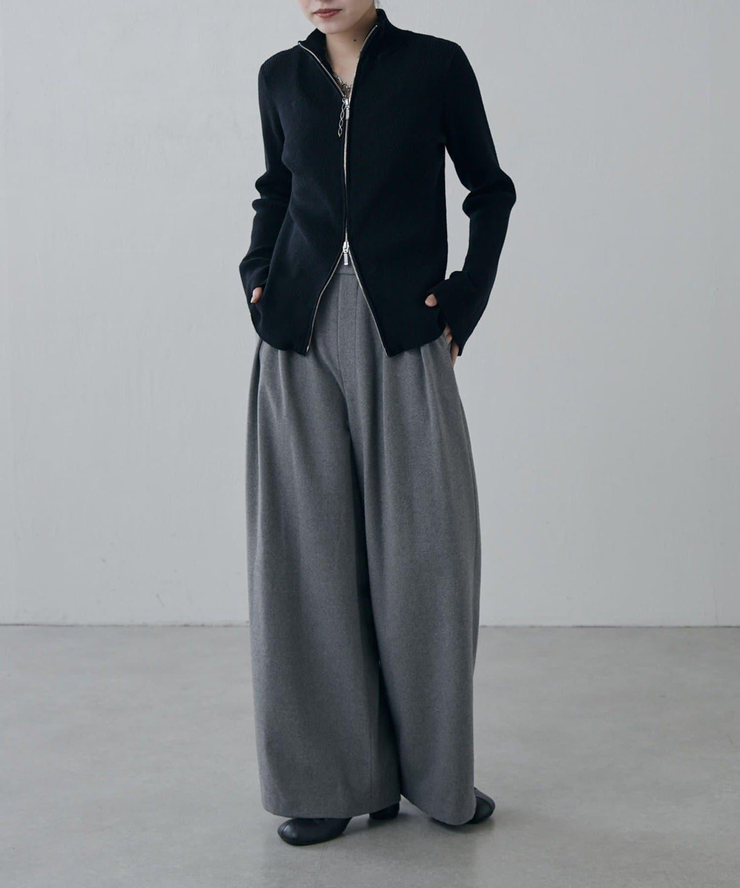 軟法蘭絨2WAY褶皺寬腿褲