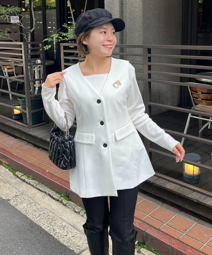 【MOMO】荷葉邊V領無袖外套