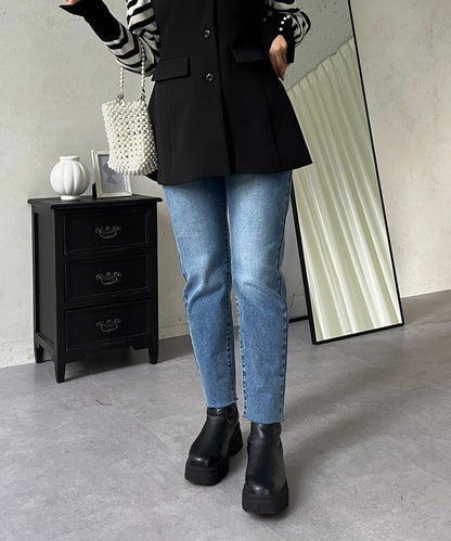 【MOMO】內層微絨彈力錐形牛仔褲