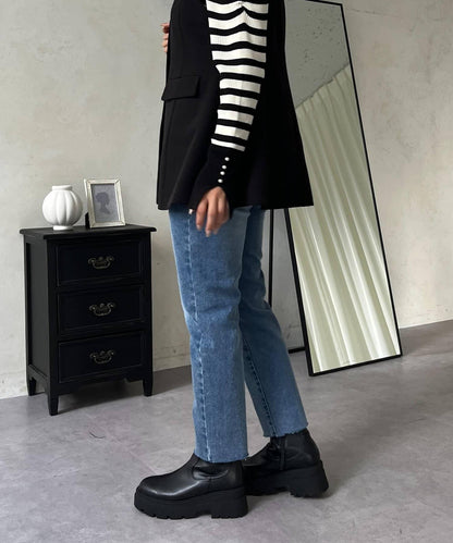 【MOMO】內層微絨彈力錐形牛仔褲