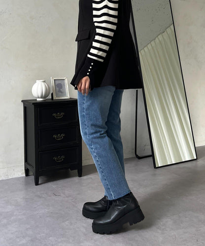 【MOMO】內層微絨彈力錐形牛仔褲