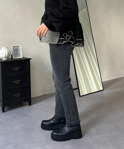 【MOMO】內層微絨彈力錐形牛仔褲