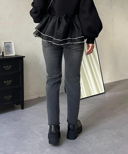 【MOMO】內層微絨彈力錐形牛仔褲