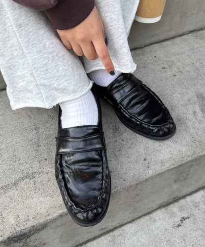 褶皺設計拼接材質平底樂福鞋