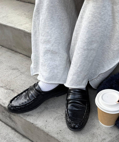 褶皺設計拼接材質平底樂福鞋