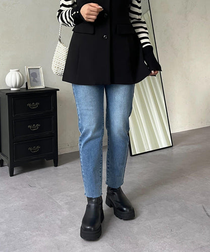 【MOMO】內層微絨彈力錐形牛仔褲