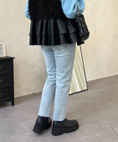 【MOMO】內層微絨彈力錐形牛仔褲