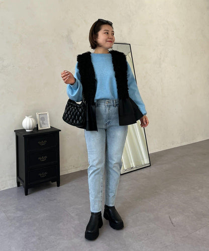 【MOMO】內層微絨彈力錐形牛仔褲