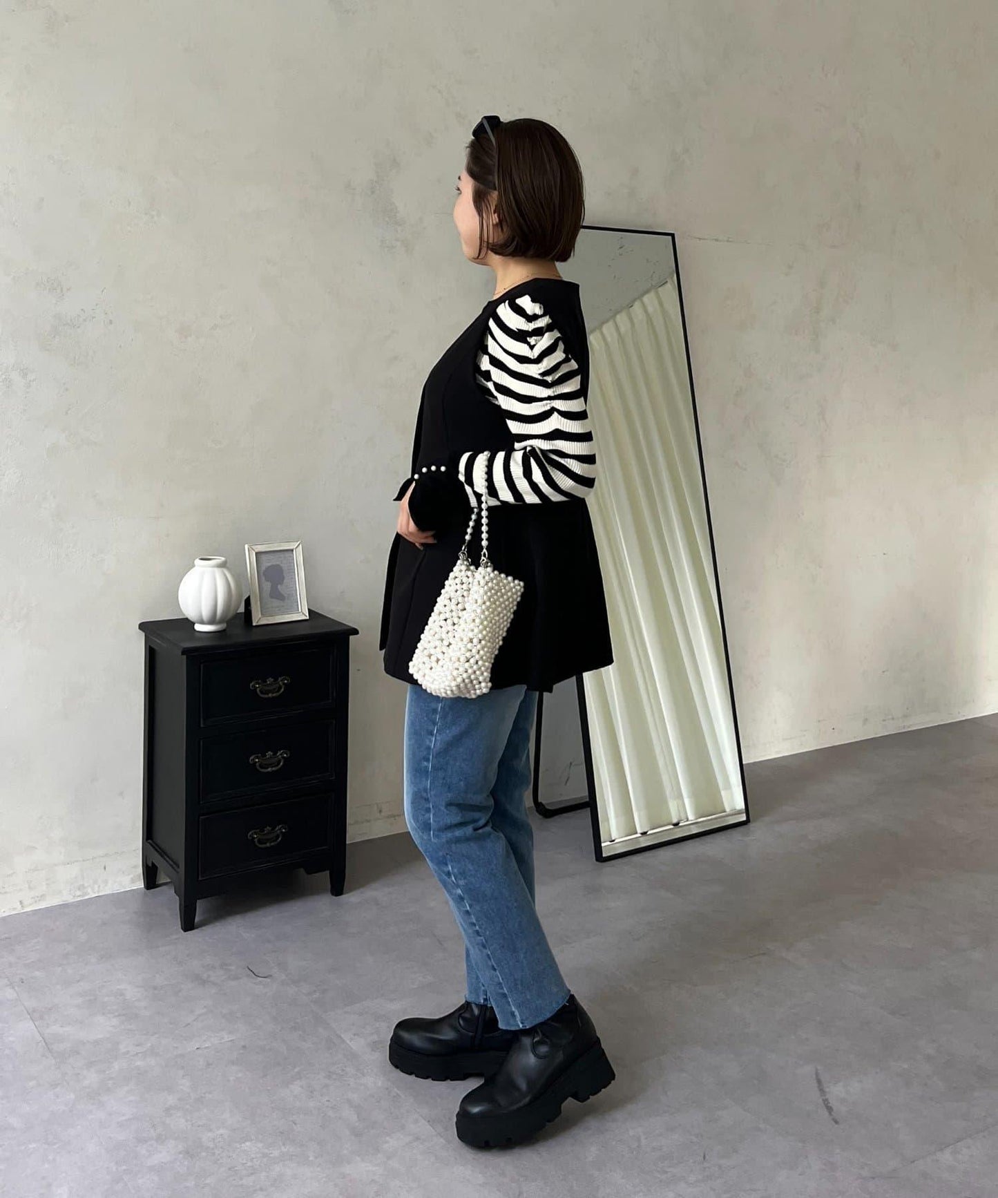 【MOMO】內層微絨彈力錐形牛仔褲