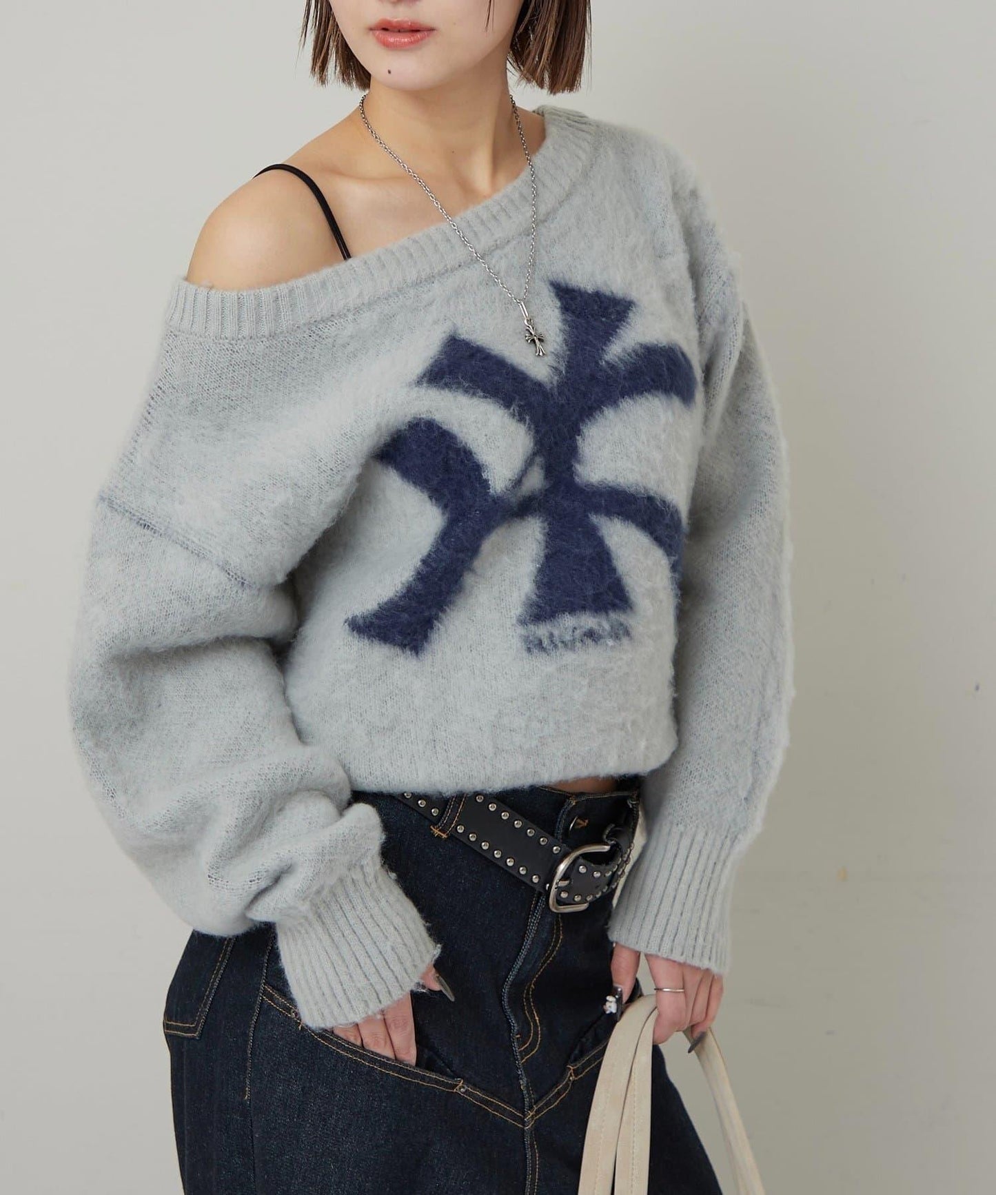 KY仿馬海毛一字肩針織衫