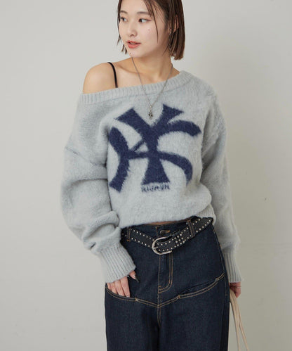 KY仿馬海毛一字肩針織衫