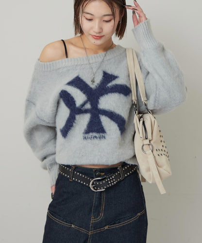 KY仿馬海毛一字肩針織衫